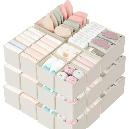 Criusia Drawer Organizer 18-Piece Set, Dresser Organizer for Baby Clothes, Foldable Closet Storage & Drawer Dividers for Underwear, Socks, Nursery (Oatmeal)