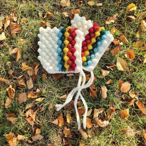 Crochet bobble baby pixie rainbow bonnet, Custom made to order