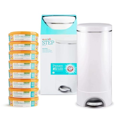 Munchkin® Step™ Diaper Pail Powered by Arm & Hammer, #1 in Odor Control, Award-Winning, Includes 1 Snap, Seal & Toss™ Bag, 8 Refill Rings, 1 Starter Refill Ring, and 1 Puck™ Baking Soda Cartridge