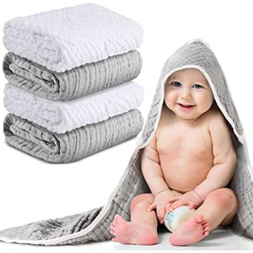 Muslin Cotton Hooded Baby Bath Towel Sets Large 32 x 32 Inch Soft Unisex Bath Towels Bulk for Babies, Toddler, Infant, Newborn, Baby Gifts for Girl Boy (White, Gray, 4 Pieces)