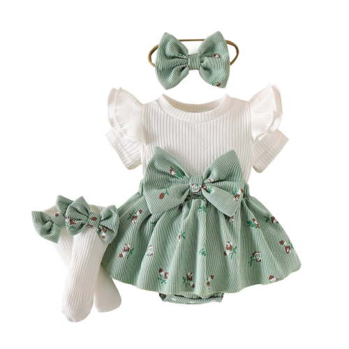 Lullu Baby Girls Outfits Flutter Sleeve Ribbed Romper Bow Socks Headband 3Pcs Set, Sizes 0-12 Months