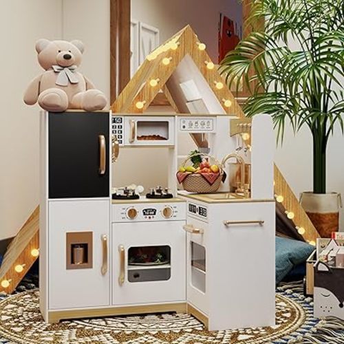 TaoHFE White Corner Play Kitchen with Lights,Kitchen Set for Kids Ages 3-8,White Kids Toy Kitchen Set with Pretend Play Accessories Playset for Kid