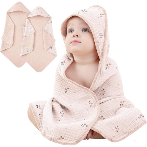 Susurration 2 Pack Baby Hooded Towels, 100% Cotton Soft and Absorbent Muslin Baby Bath Towel for Newborn, Infant, Girls, Boys, Baby Essentials