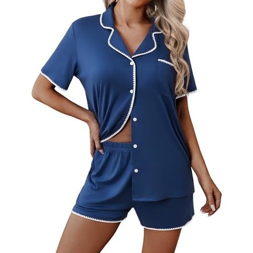 Ekouaer Pajamas for Women Set 2 Piece Soft Button Up Pjs Short Sleeve Summer Lounge Sets Comfy Sleepwear