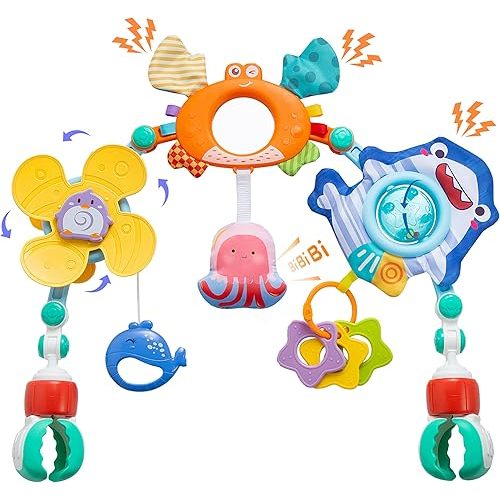 Baby Stroller Arch Toy, Car Seat Toys, Adjustable Arch Stroller toy with Hanging Sensory Activity toys,fits on Baby Bouncer, Bassinet, Stroller, Crib and Car Seats for baby infant Boy Girl 0-18 Months