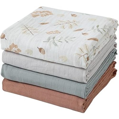 Muslin Swaddle Blankets for Boys & Girls, 4 Pack Receiving Baby Blanket for Newborns, Large 47 x 47 Inches, Soft Breathable Baby Swaddles, Acorn & Earthy Colors