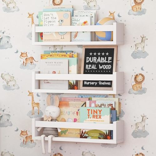 NATURE SUPPLIES Set of 3, 16.4" White Floating Nursery Shelves for Wall, Kids Bookshelf for Bedroom, Nursery Storage, Decorative Display for Kids Rooms, Modern Wall-Mounted Organizer for Home