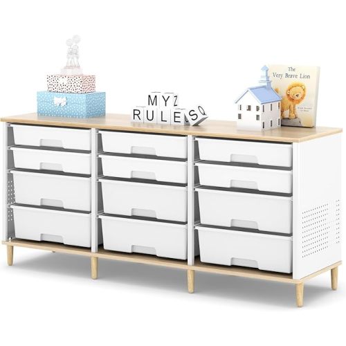 12 Drawers Storage Cabinet with Wooden Top and Plastic Bins, Toy Shelf Storage Chest Cubby Organizer for Home, Office, Playroom, Classroom & Craft Room Storage (White)