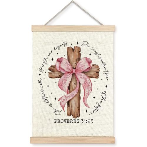 YTRGI Pink Bow Cross Christian Proverbs 31: 25 Wall Art Decor, Proverbs 31 Bible Wall Art, Proverbs 31 Woman Gifts, Bible Verse Religious Poster Hanger Frame for Girls Room Home, 12x16 In