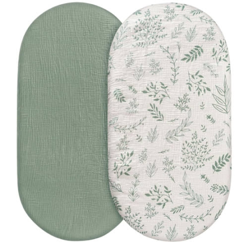 Muslin Bassinet Fitted Sheets, 2 Pack for Baby Boy and Girl, Soft Breathable Stretchy Baby Pad/Mattress Sheet Set, Universal Fit for Hourglass Oval and Rectangle Bassinet Mattress (Natural Leaves)