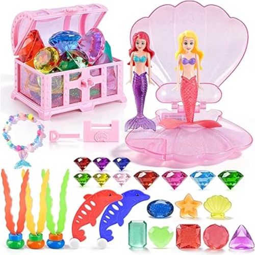 Pool Diving Toys for Kids Ages 4-8 8-12, 31 Pcs Shell Mermaid Pool Toys & Treasure Chest Toys & Diving Gems, Fun Summer Swim Party Gifts for Boys Girls with Storage Bag