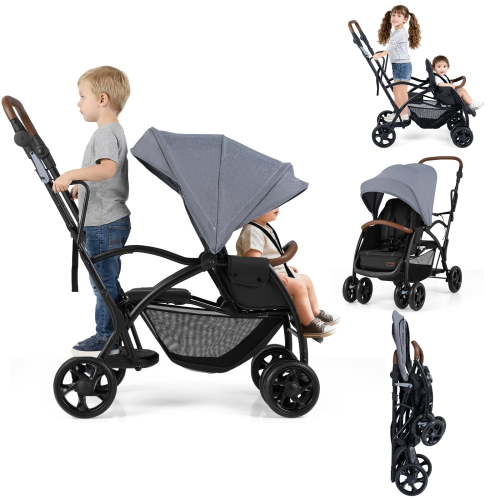 INFANS Double Stroller with Leather Handle, Front Seat 2-Position Recline, Rear Standing Board, 5-Point Harnesses, Dual Rear Brakes and Lockable Front Wheels, Baby Pushchair for Toddlers