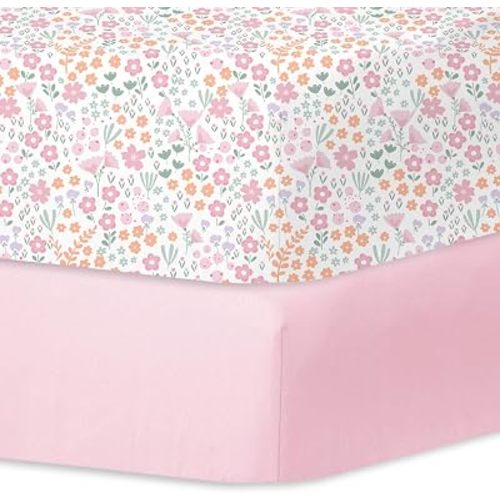 Little Grape Land Crib Sheets for Baby Boys Girls 2 Pack, Soft and Breathable Baby Crib Sheets 52"x28", Crib Mattress Sheet Neutral for Standard Crib and Toddler Bed Mattress, (Pink Flowers)