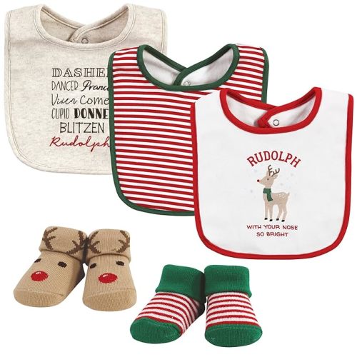 Hudson Baby Unisex Baby Cotton Bib and Sock Set, Rudolph, One Size