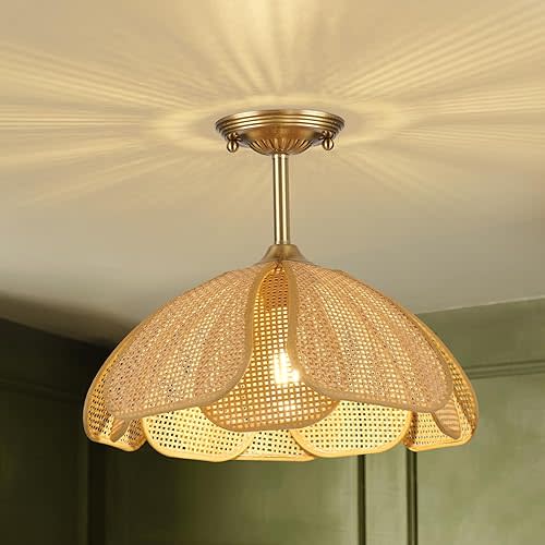 ZORYATA 14" Boho Rattan Ceiling Light Fixture, Gold Semi Flush Mount Wicker Lamp with Hand-Woven Petal Shade, Modern Rustic Bohemian Lighting for Bedroom Living Room Kitchen Dining Room Hallway
