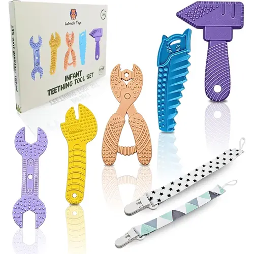 Infant Teething Tools Set: Includes 2 Clips! Soft BPA Free Teething Toys, 5 Piece Construction Set, Baby Boy Essentials Einstein, Gift for Infant Toddler Boy Girl