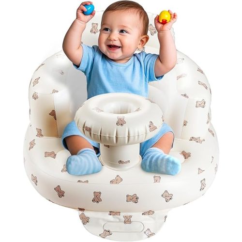 Portable Inflatable Baby Seat, Waterproof Inflatable Baby Chair with Tray for Practice Sitting Up, Built-in Valve Toddler Support Blow Up Baby Chair, Baby Inflatable Seat for 3-36 Months (Bear)