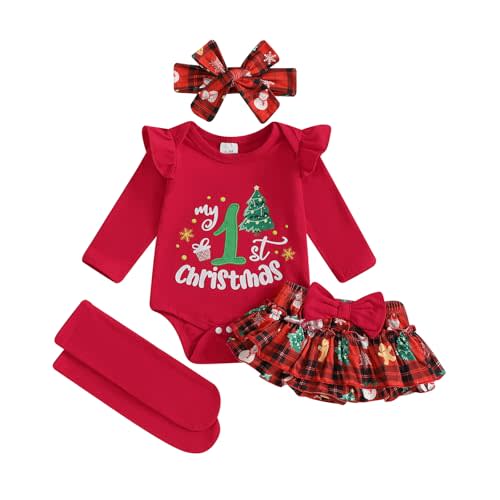 My First Baby Girl Christmas Outfit Long Sleeve Romper Plaid Skirt Shorts Headband Sets Newborn Christmas Clothes