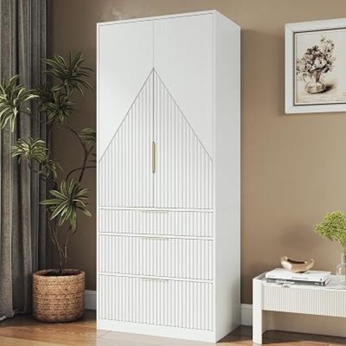 TOKSOM 70" Wardrobe Armoire Wooden Closet with 2 Doors and 3 Drawers, Bedroom Armoire with Hanging Rod Shelf, Large Capacity Storage Wardrobe Armoire, Freestanding Wooden Closet Storage Cabinet White