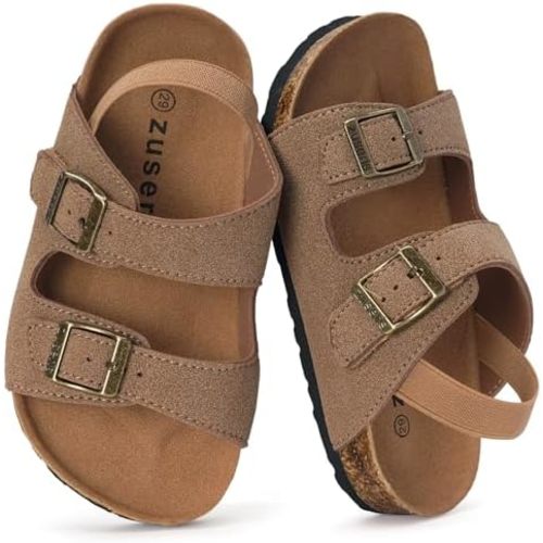 ZUSERIS Kids Toddler Sandals Boys Girls Cork Footbed Slides Summer Double Buckle Slippers Comfort Suede Leather Flat for Indoor Outdoor with Adjustable Straps