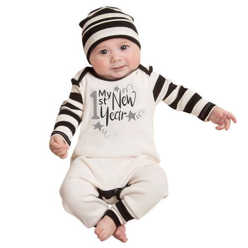 Generic Fall Fashion 2024 My First New Year Clothes Baby Boy Girl New Year Outfits Stripes Letter Print Romper Jumpsuit Hat Headband Outfits Set for Cute Breathable Clothes(0-3 Months,White)