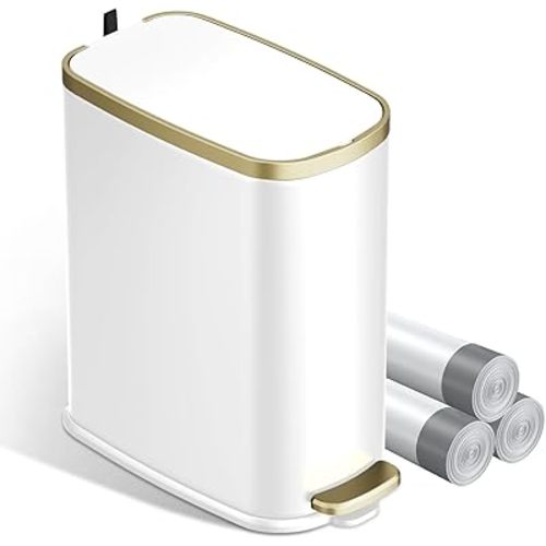 KUK Small Bathroom Trash Can with Lid Soft Close, Step Pedal, 2.6 Gal Stainless Steel Garbage Can with Removable Inner Bucket, Anti-Fingerprint Wastebasket for Office, Bedroom, Toilet (White)