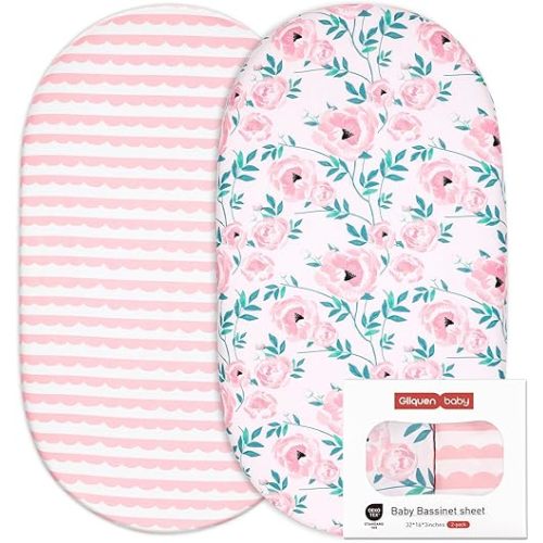 Gllquen Baby Bassinet Crib Sheets Set, Breathable Cozy Fitted Mattress Sheet, Elastic Travel Crib Fashionable Floral Pattern, Standard Cradle Safe Sheets for Baby Boy Girls 32"X16" (Pink Flower)