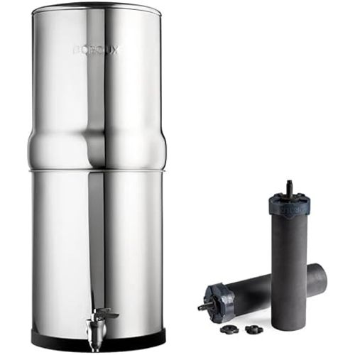 Boroux Legacy Gravity-Fed Countertop Stainless Steel Water Filter System | 3 Gallons with 2 Authentic Black Foundation. Filters