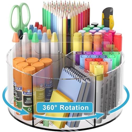 Acrylic Pen Holder for Desks, Acrylic Desk Organizer Clear, 360 Degree Pencil Holder for Desk Kids, Rotating Desk Organizer Rotating Pen Holder for Desk, Art Supply Storage Organizer 6 Compartments