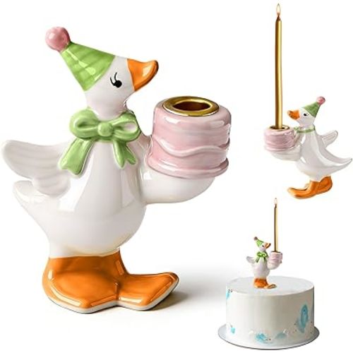 Silly Goose Cake Candle Holder, Mini 3.1" Tall, Hand Painted Ceramic Goose Cake Topper, Cute Goose Decor for Baby Shower, Kids Birthday & Party Supplies (Green)