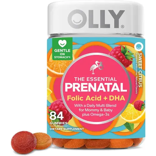OLLY Essential Prenatal Gummy Multivitamin, Folic Acid, Vitamin D, Omega 3 DHA, Supports Healthy Growth and Brain Development, Citrus Berry - 84 Count