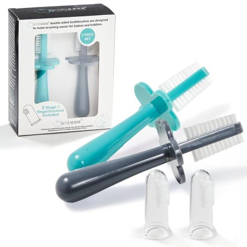 grabease Baby Toothbrush Double Sided - Training Finger Toothbrush for Toddler Infant, BPA-Free & Phthalate-Free for Baby & Toddler, 2 Pack, Teal and Gray