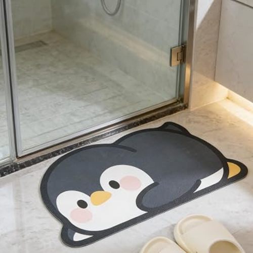 Cute Animal Bath Mat - Lovely Penguin Non-Slip Super Absorbent Ultra Thin Mat for Shower Tub & Sink Front Quick Dry Bathroom Mat (Easy Clean)