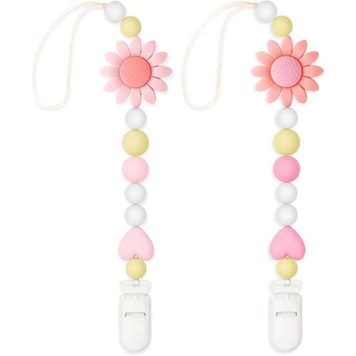 Silicone Pacifier Clip, 2 Pack Pacifier Holder for Boys and Girls, Adorable Sunflower Pacifier Strap Fits for Most Pacifier, Baby Teethers and Toy Straps (Light Pink&Pink)