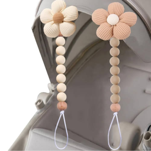 2pcs Flower Pacifier Clip, Silicone Bead Pacifier Clip for Baby Girls and Boys with Beige Brown Color Daisy Birthday Christmas Gift