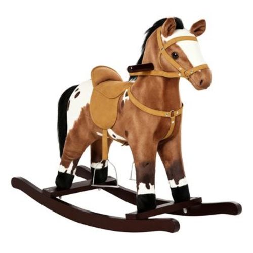 Qaba Kids Wooden Plush Ride-On Rocking Horse Chair Toy With Realistic Sounds - Dark Brown/White