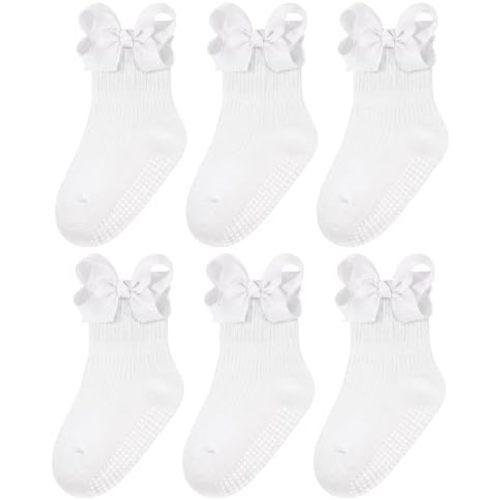6 Pairs Toddler Girls Ruffle Grip Socks, Non-Slip Cotton Bow Socks