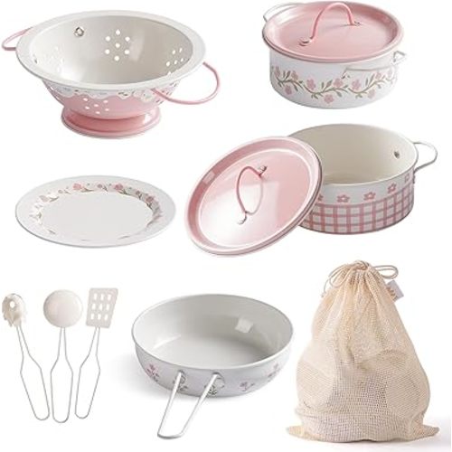 ROBUD Play Pots and Pans Sets for Kids Kitchen, Play Kitchen Accessories Pretend Cooking, Cartoon Pink Metal Pots and Pans Metal, Kids Kitchen Playset, Mini Toy Kitchen Accessories(9 Pieces)