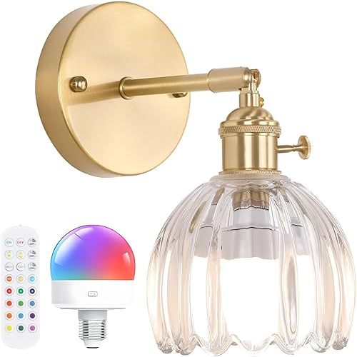 Vintage Battery Operated Wall Sconce with Cute Transparent Tulip Glass Lampshade Wireless Rechargeable Battery Powered Wall Light with Remote Control for Bedside Bedroom Doorway