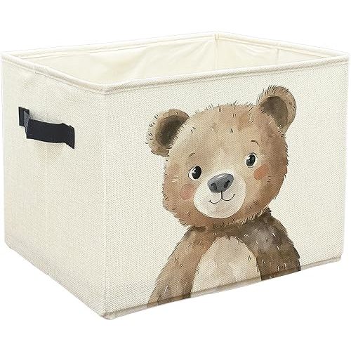 WFSM Bear Storage Bin Organizer, Bear Lover Gifts, Cute Forest Animal Collapsible Laundry Basket Storage Bin with Handles Toybox for Boys Girls Room Bathroom Toys Clothes Books