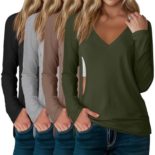 4 Pack Women's Long Sleeve Nursing Shirts with Hidden Zipper V Neck Breastfeeding Clothes Maternity Loose Fit Tops