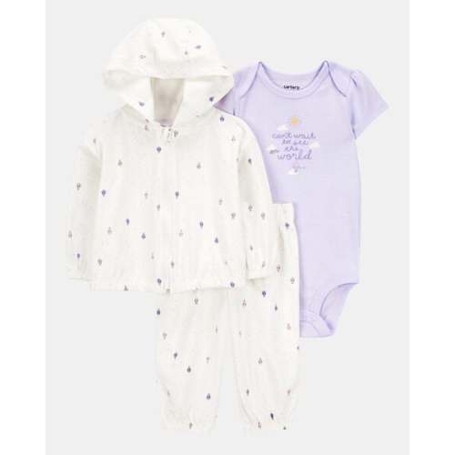 Baby Girl 3-Piece Hot Air Balloon Print Little Cardigan Set - White/Purple | Carter's