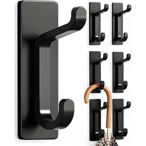 pickpiff 13LB Strong Stick-on Hooks for Coat & Towel, Black 6 Pack