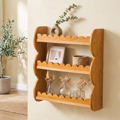 3-Tier Wood Wall Shelf, Scalloped Floating Shelves Storage Rack