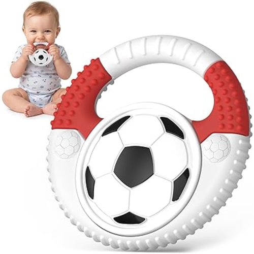 Baby Teething Toys Silicone Baby Soccer-Themed Teether Over 3 Months - Sensory Chew Toys - Baby Teether for Teething Relief - BPA Free Infant Toys Baby Shower Gifts (White&Red)