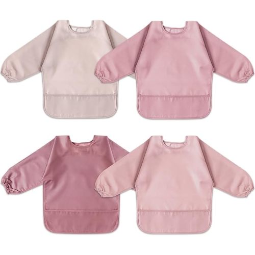 4 Pack Long Sleeve Bib, Waterproof Sleeved Smock for Baby Boy or Girl, Reusable Bib with Pocket, Ages 6-24 Months