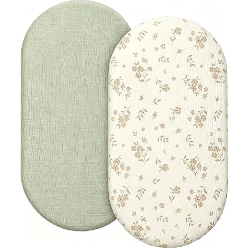 Organic Baby Bassinet Sheets 2 Pack 33”x17” 100% Muslin Cotton for Baby Girl Boy, 1Soft Fitted Mattress Pad Cover Compatible with Halo BassiNest Swivel Sleeper, Graco, Baby Delight, Chicco, Angelbliss