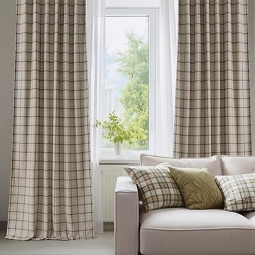 NICETOWN Linen Plaid 100% Blackout Curtains 84 Inches Long, Buffalo Check Drapes for Bedroom Living Room, Farmhouse Gingham Window Treatment,Rod Pocket Back Tab, 52 inch Wide, 1 Pair, Light Greige