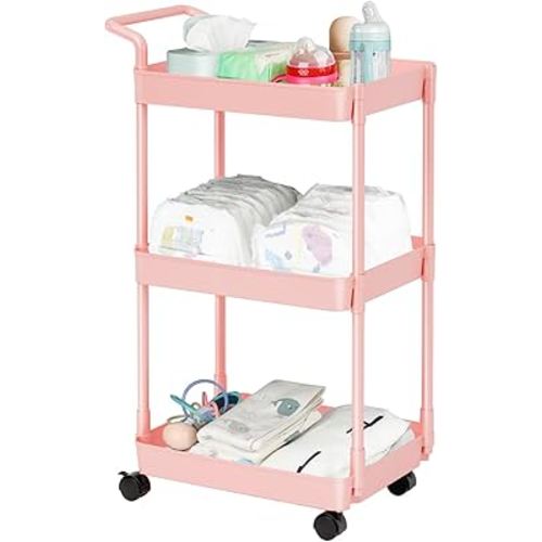 Baby Diaper Caddy – Plastic Diaper Organizer for Nursery Essentials, Movable Cart for Changing Table & Crib, Easy to Assemble, Pink