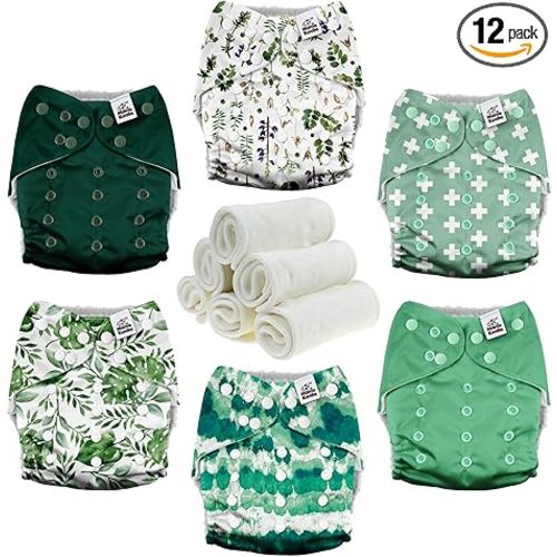 Mama Koala 3.0 Pocket Cloth Diapers for Babies with AWJ Lining, 6 Pack with 6 4-Layer Natural Cloth Diaper Inserts - Reusable and Washable Pocket Diapers (Love Green)
